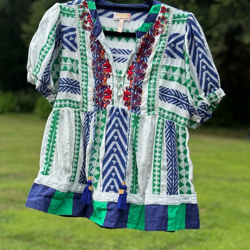 Verb Green and Blue Embroidered Top